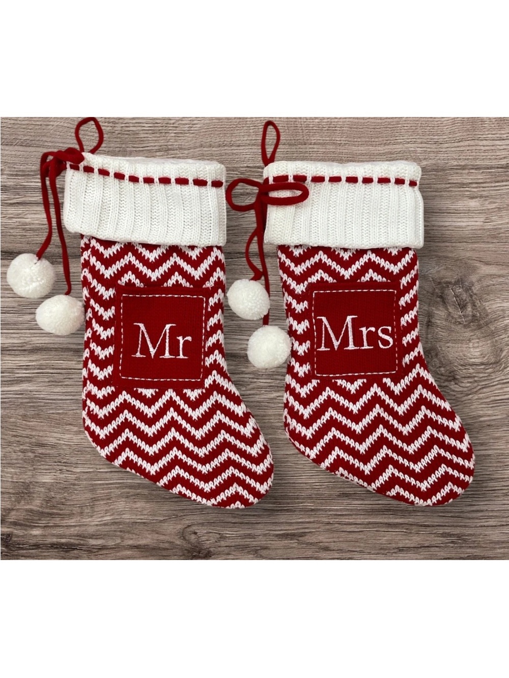 Mr & Mrs Christmas Stocking Set 2 Red White Knit Chevron 18” Holiday